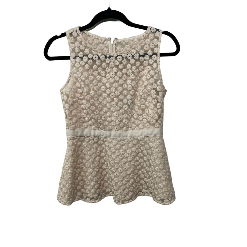 Banana Republic Embroidered Floral Round Neck Peplum Top Cream Women's Size 0
